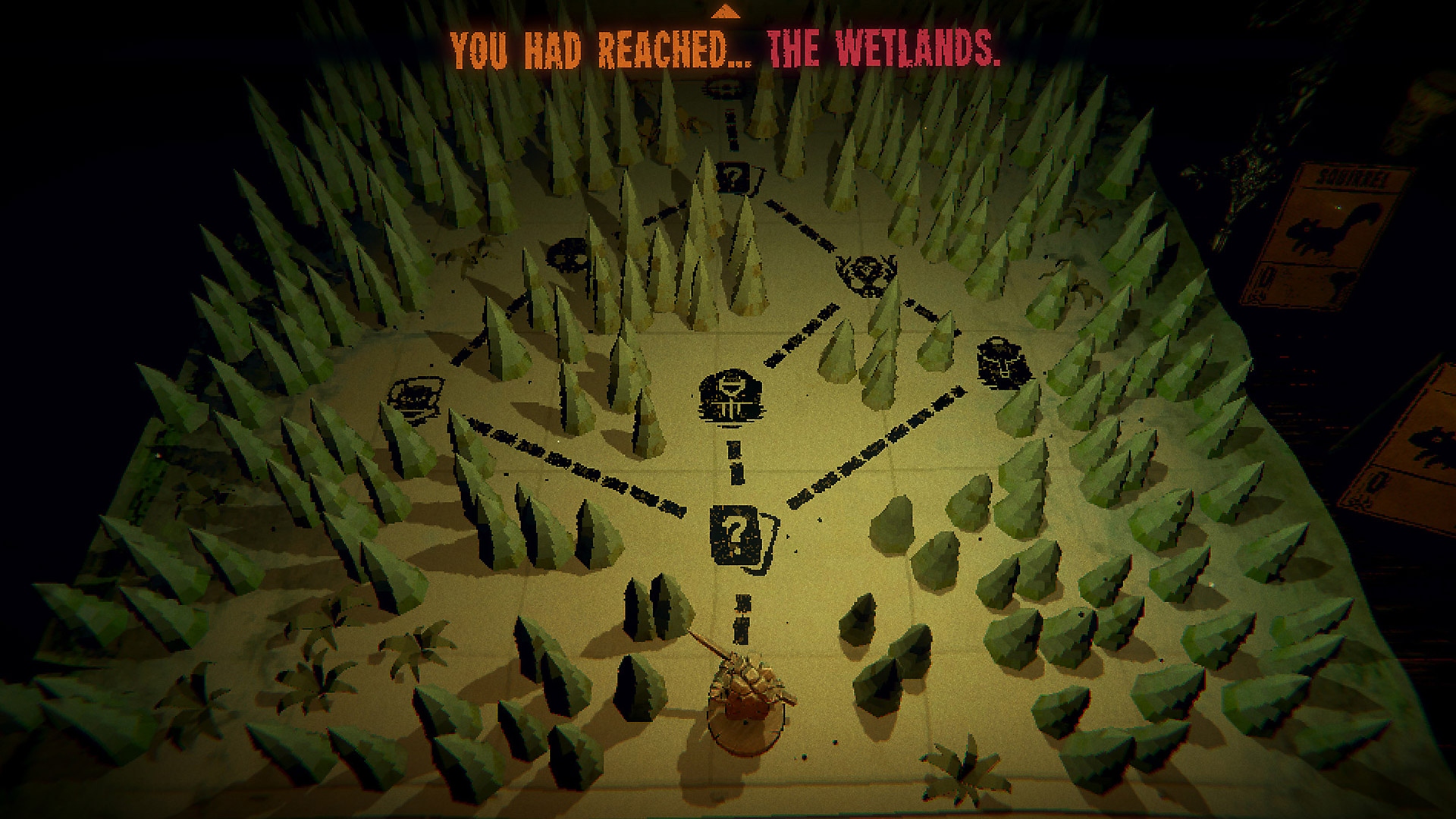 Capture d'écran du gameplay d'Inscryption montrant la carte d'une zone boisée et de plusieurs chemins conduisant entre les arbres.