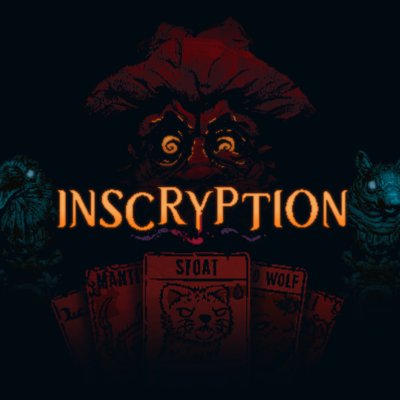 Inscryption key art featuring a sinister puppet face against a dark background.