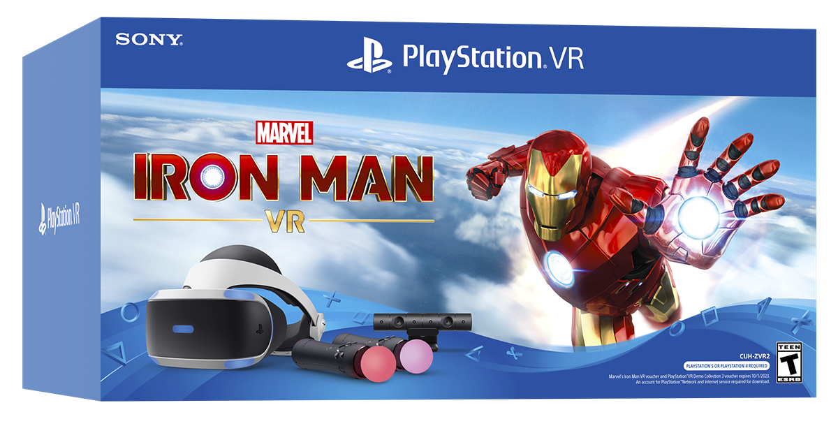 Marvel's Iron Man VR bundle image featuring the PS VR headset and PlayStation Move controllers.