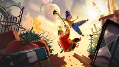 It Takes Two key art featuring main charaters May and Cody riding a dandelion flower through the air.