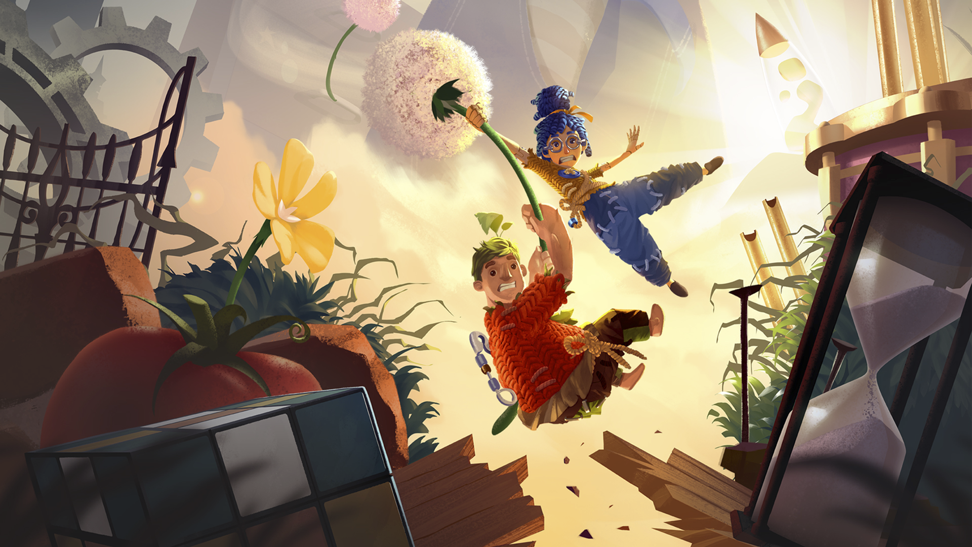 Ilustración principal de It Takes Two con los personajes principales May y Cody montando una flor de diente de león a través del aire.