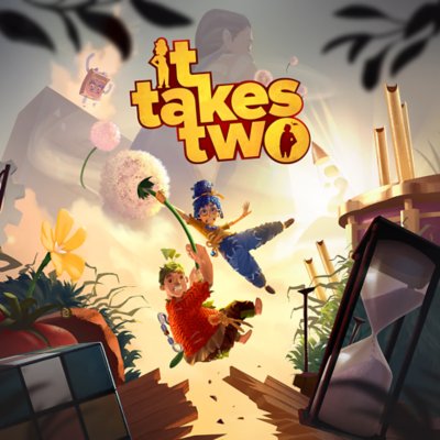 It Takes Two key art featuring main charaters May and Cody riding a dandelion flower through the air.