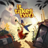 صورة فنية أساسية من لعبة It Takes Two تعرض الشخصيتين الرئيسيتين May و Cody يمتطيان زهرة هندباء ويحلقان في الهواء.