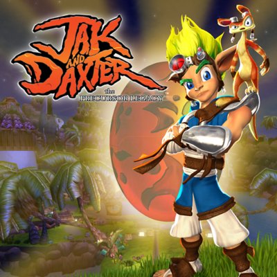 Jak and Daxter: The Precursor Legacy key art showing a character with his arms crossed and an animal on his shoulder.