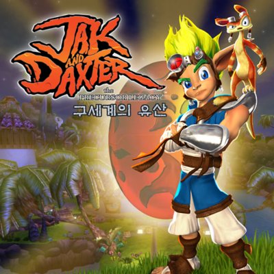 Jak and Daxter: Prequersor Legacy 키 아트, 팔짱을 낀 채 동물을 어깨에 업은 캐릭터.