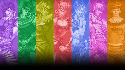 Istantanea della schermata di JOJO's Bizarre Adventure All Star Battle Remaster che mostra un montaggio di grafiche dei personaggi