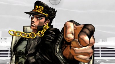 Captura de ecrã de JoJo's Bizarre Adventure All-Star Battle Remastered com a personagem principal a apontar para o ecrã