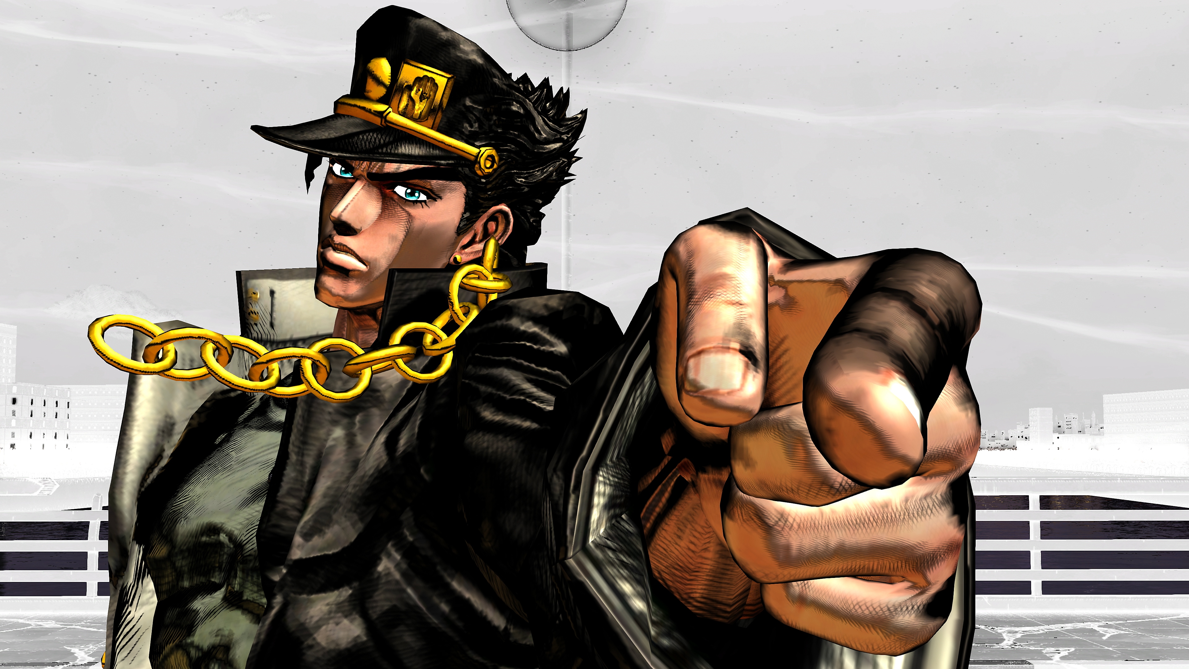 JoJo's Bizarre Adventure All-Star Battle Remastered screenshot featuring the title character pointing toward the screen