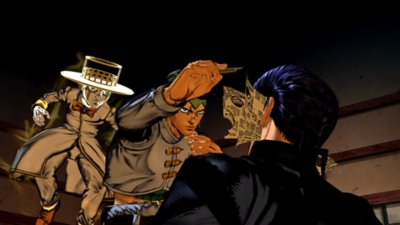 Captura de ecrã de JoJo's Bizarre Adventure All-Star Battle Remastered com três personagens numa sequência