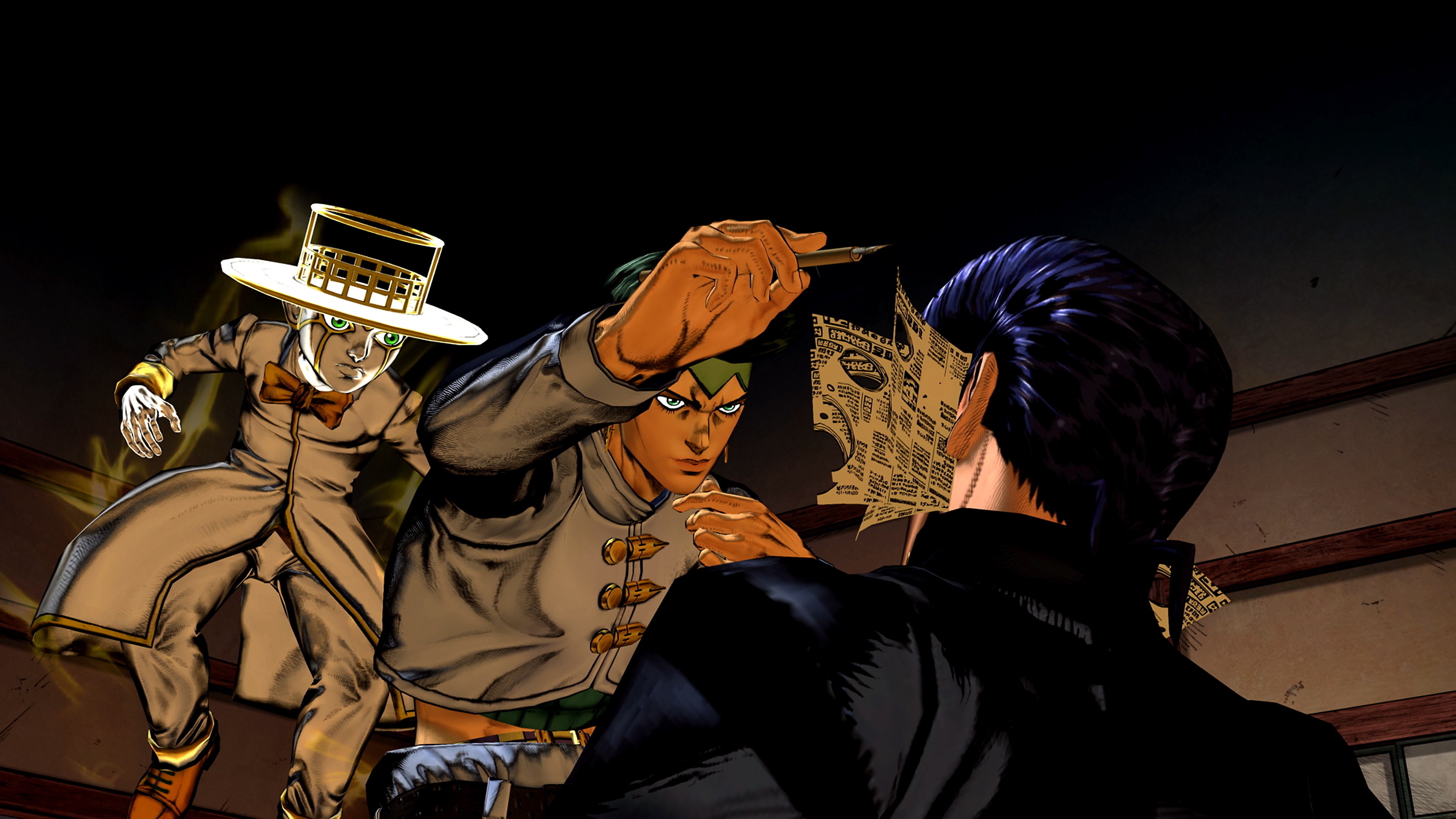 Captura de pantalla de JoJo's Bizarre Adventure All-Star Battle Remastered que muestra a tres personajes en una escena cinematográfica