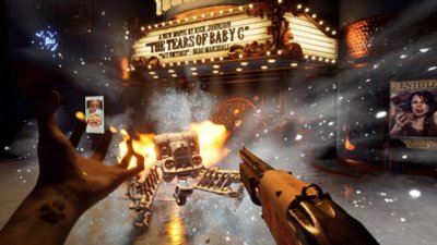 Judas - Screenshot del giocatore che affronta un nemico simile a una macchina al di fuori di un cinema