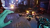 لقطة شاشة من لعبة Judas تعرض اللاعب في مواجهة عدوين يبدوان وكأن وجهيهما عبارة عن شبكة سيارة