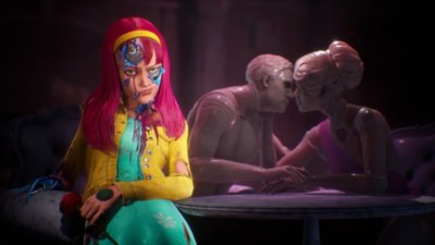 Judas screenshot showing a pink-haired girl with skin peeling off her face to reveal a robotic endoskeleton.