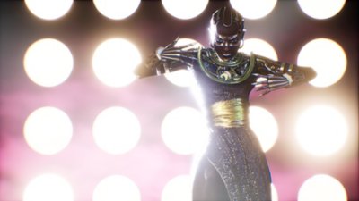 Judas – Screenshot von einem weiblichen Cyborg in einem Outfit, das traditionelle afrikanische Kleidung und mechanische Elemente kombiniert.