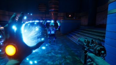 Judas screenshot showing an arc of light being fired from the character's hand towards a small, rotund robot.