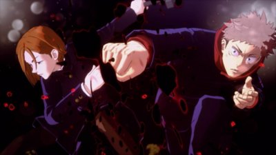 《咒術迴戰 雙華亂舞》螢幕截圖，展示與釘崎野薔薇並肩作戰的虎杖悠仁。
