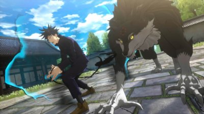 Captura de pantalla de Jujutsu Kaisen Cursed Clash que muestra a Megumi Fushiguro junto a Divine Dog: Totality