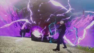 Екранна снимка на Jujutsu Kaisen Cursed Clash, показваща Сатори Годжо, изпълняващ невероятно мощна атака.