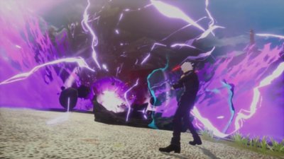 Jujutsu Kaisen Cursed Clash – Capture d'écran montrant Satoru Gojo exécutant une attaque surpuissante.