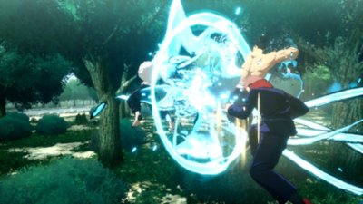 Jujutsu Kaisen Cursed Clash screenshot showing Yuji Itadori and Aoi Todo performing a combination attack.