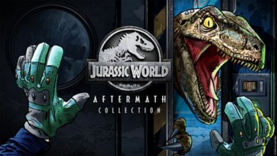 Jurassic World Aftermath Collection key artwork showing a first-person view of a dinosaur breaking through a door