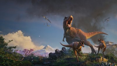 Jurassic World Evolution 3 - keyart van een Tyrannosaurus Rex bij een jeep die ondersteboven ligt