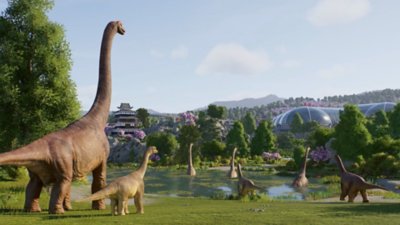 Jurassic World Evolution 3 - screenshot van een kudde Brachiosaurussen