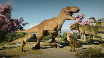 Jurassic World Evolution 3 - screenshot van een Tyrannosaurus Rex-achtig wezen met jongen