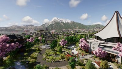 Jurassic World Evolution 3 - screenshot met een bovenaanzicht van een park met bomen vol bloesem