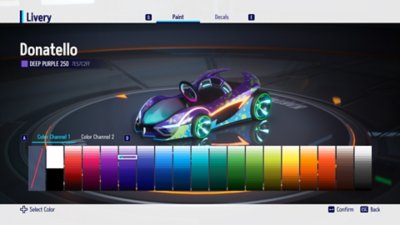 Captura de pantalla de KartRider: Drift que muestra la pantalla de personalización de karts