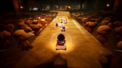 KartRider: Drift screenshot showing a character driving through a cave populated by a cute version of the Terracotta Army