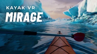《Kayak VR: Mirage》主题宣传海报，展示一艘在极地水域航行的皮艇。