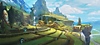 Konseptillustrasjon av en liten landsby på en fjellside med fjell i horisonten
