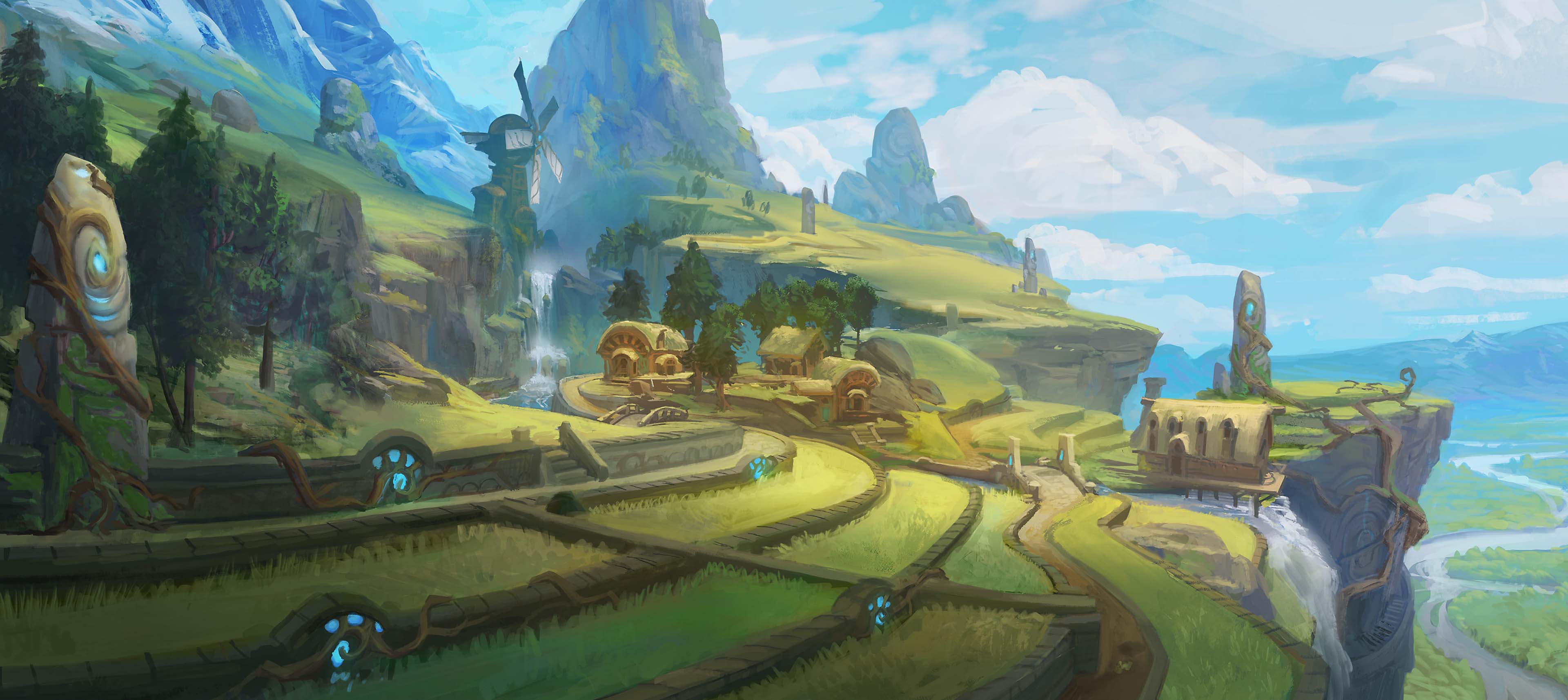 Arte conceptual de un pequeño pueblo en la ladera de una colina con montañas a la distancia