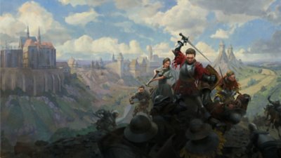 Kingdom Come: Deliverance II hero artwork showing four hero characters fighting enemies before a Medieval town