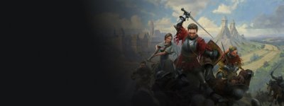 Kingdom Come: Deliverance II Hero artwork depicting medieval characters in battle with a medieval city in the background and a hilly landscape