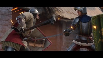 Kingdom Come: Deliverance II screenshot showing two men in armor fighting with swords and shields