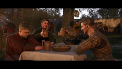 Kingdom Come: Deliverance II screenshot showing characters drinking at a table