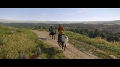 Kingdom Come: Deliverance II screenshot showing characters on horseback and the sprawling landscape around them