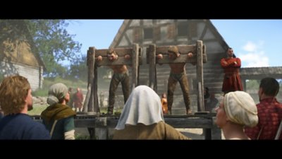 Kingdom Come: Deliverance II screenshot showing a pair of characters in stocks