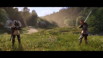 Kingdom Come: Deliverance II screenshot showing two characters in a field looking like they are about to have a duel