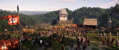 Kingdom Come: Deliverance II screenshot showing a wide angle on a camp of soldiers