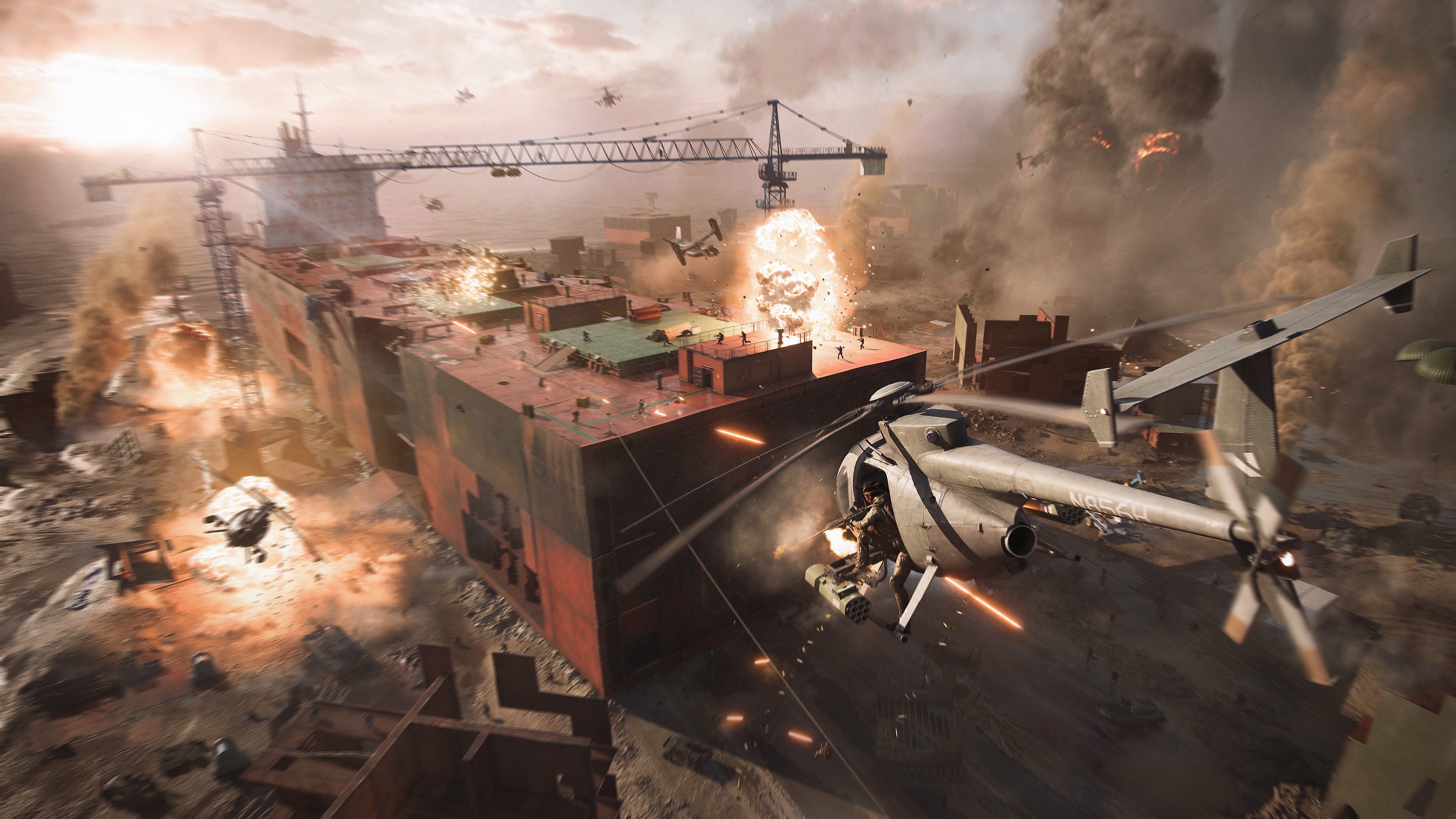 Battlefield 2042-screenshot met een helikopter die naar een vrachtschip vliegt