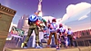 Knockout City - Capture d'écran montrant une équipe de joueurs debout en face d'un paysage urbain