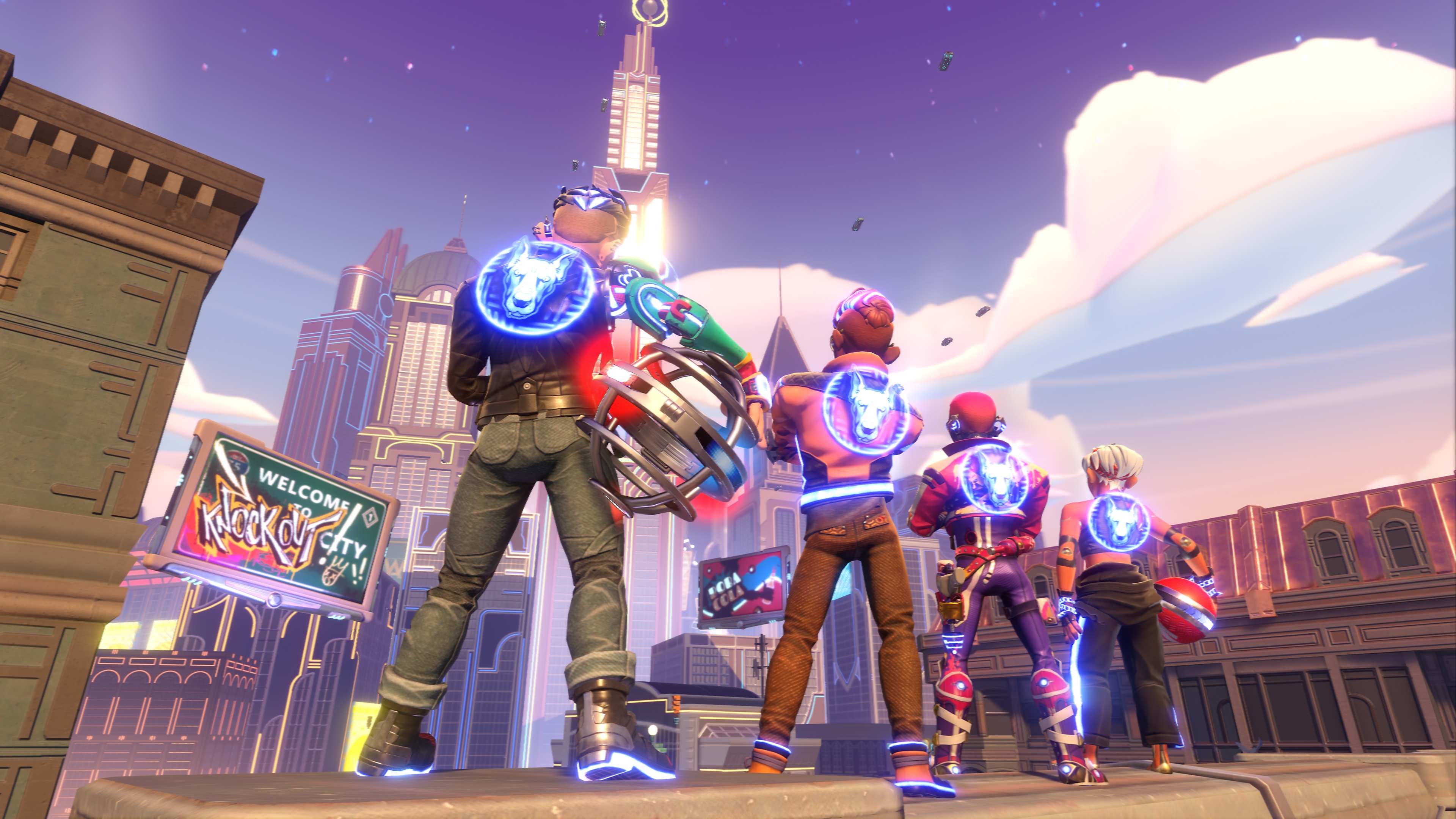 Knockout City - Screenshot showing a team of players standing facing a city skyline