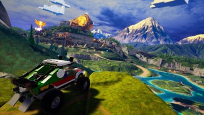 Lego 2K Drive screenshot showing a car and driver looking out over a Bricklandia landscape
