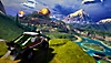 《樂高2K 飆風賽車》螢幕截圖，呈現一輛四輪驅動卡車俯瞰著遼闊的山脈