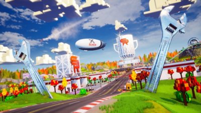 Lego 2K Drive screenshot showing a racecourse running through a bustling leafy metropolis