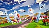 Captura de pantalla de Lego 2K Drive que muestra una pista de carreras atravesando una metrópolis concurrida y llena de vegetación