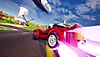 Captura de tela de Lego 2K Drive mostrando um carro de corrida derrapando pelo asfalto